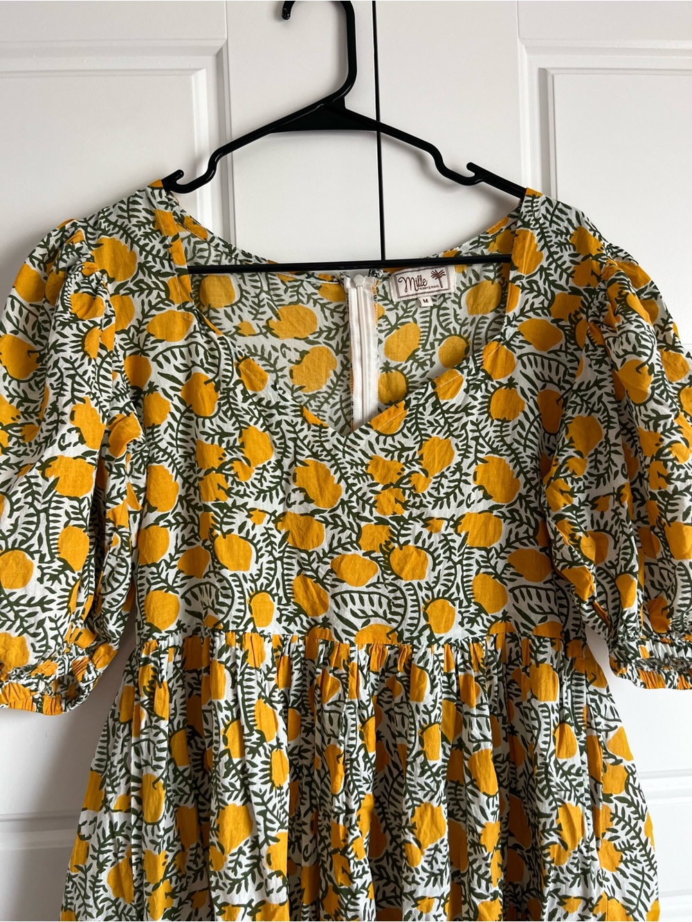 MILLE Puff Sleeve Babydoll Mini Dress Lemon Print 100% Cotton Size M - Picture 3 of 9
